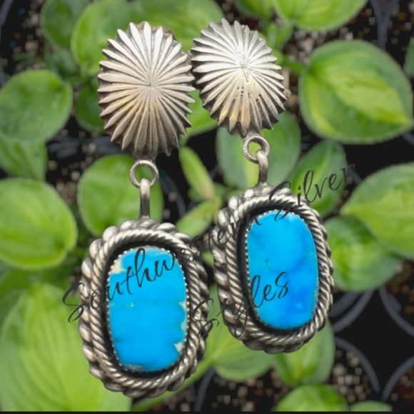 Navajo Style Oxidized Silver Howlite Turquoise Concho Post Drop Earrings(B) - Picture 2 of 3